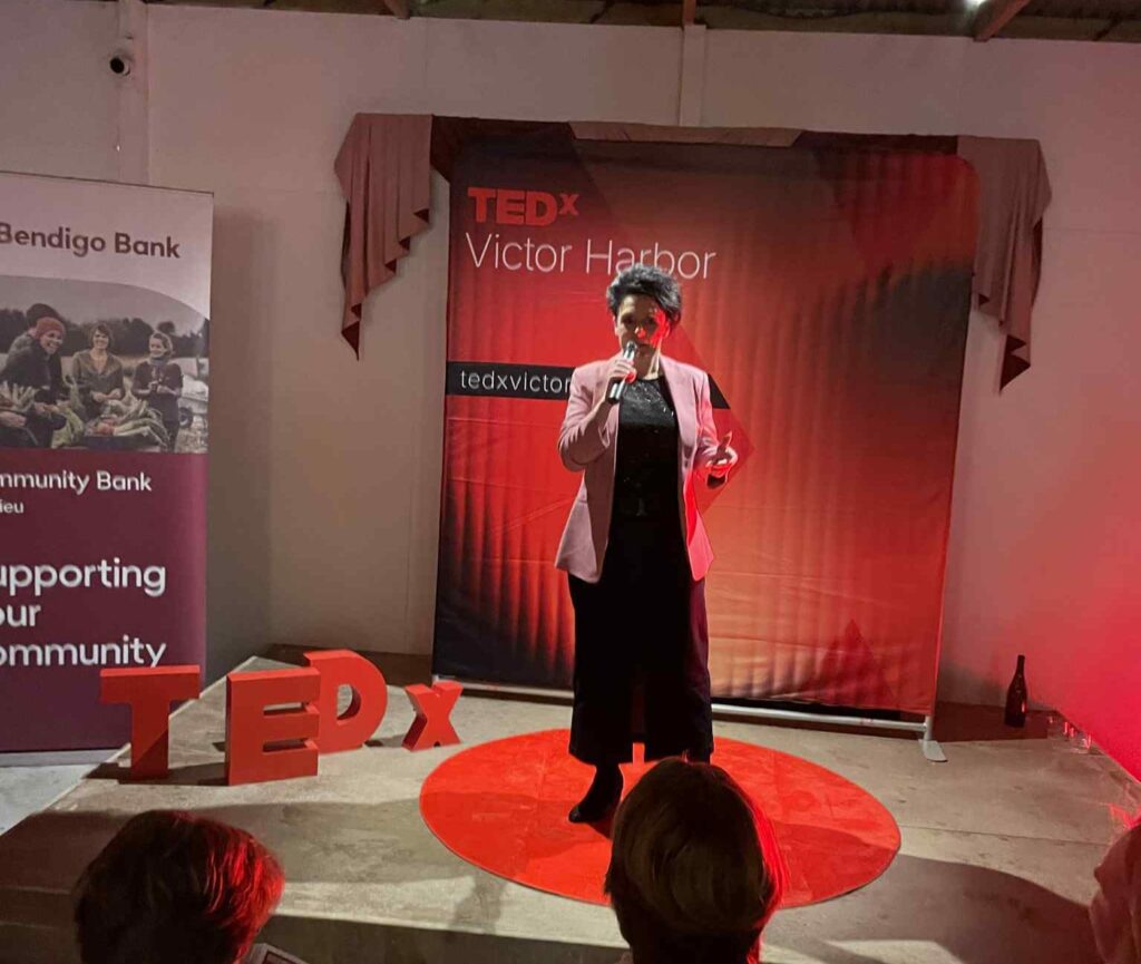 Jodie Atkinson on stage at TEDx Victor Harbor Open Mic